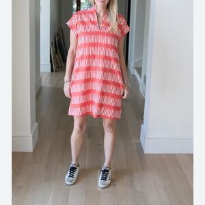 Brooke Wright Sz S Nancy Linen Blend Dress V Neck Coral/Orange Print